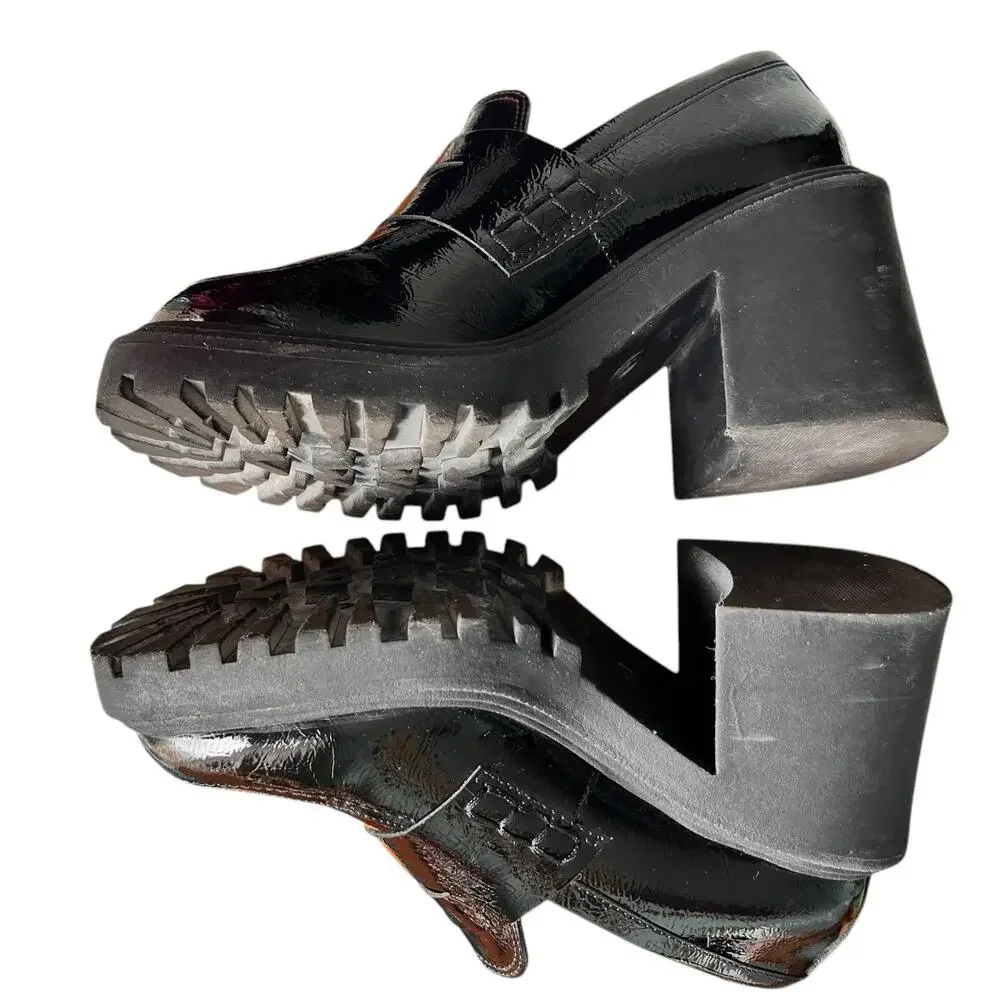 Womens Y2K Goth Chunky Loafers Sz 9 Black Patent Vegan Leather Lug Sole Platform